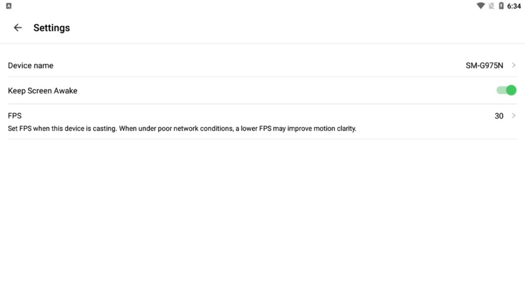 AirDroid Cast settings for device name, keep screen awake, and FPS
