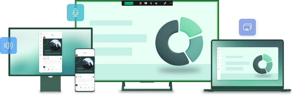 AirDroid Cast mirroring phone, laptop, and TV screens with real-time casting controls